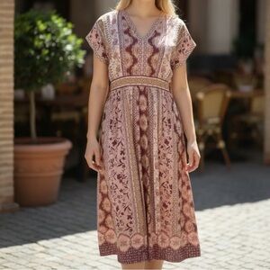 Gal Meets Glam Liza Print Charmeuse  Midi Dress Wine & Taupe SZ M